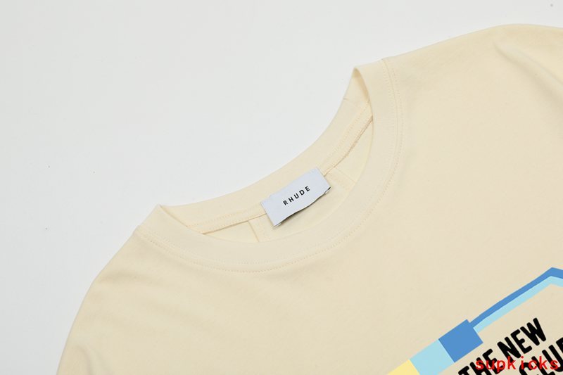 Side profile of Rhude luxury clothing with signature branding