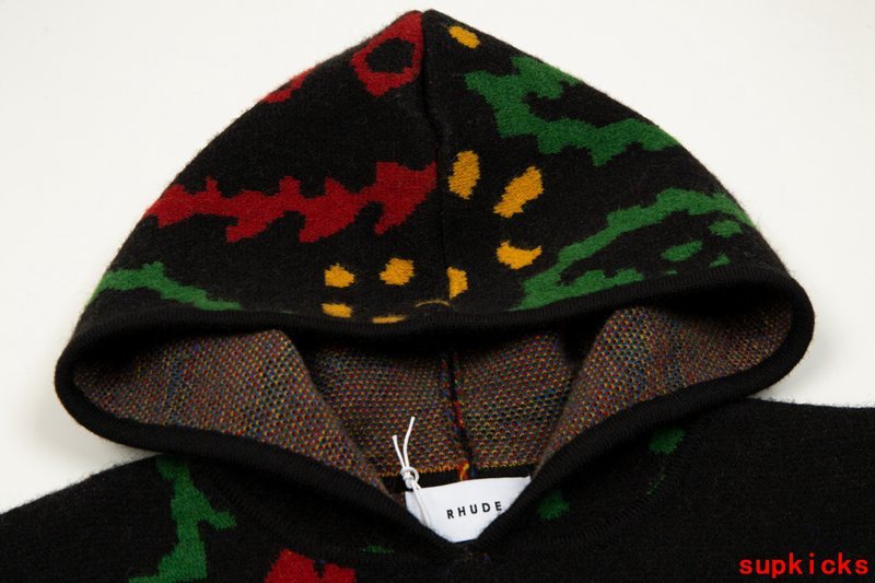 Close-up detail shot of Rhude luxury clothing with logo-detail design
