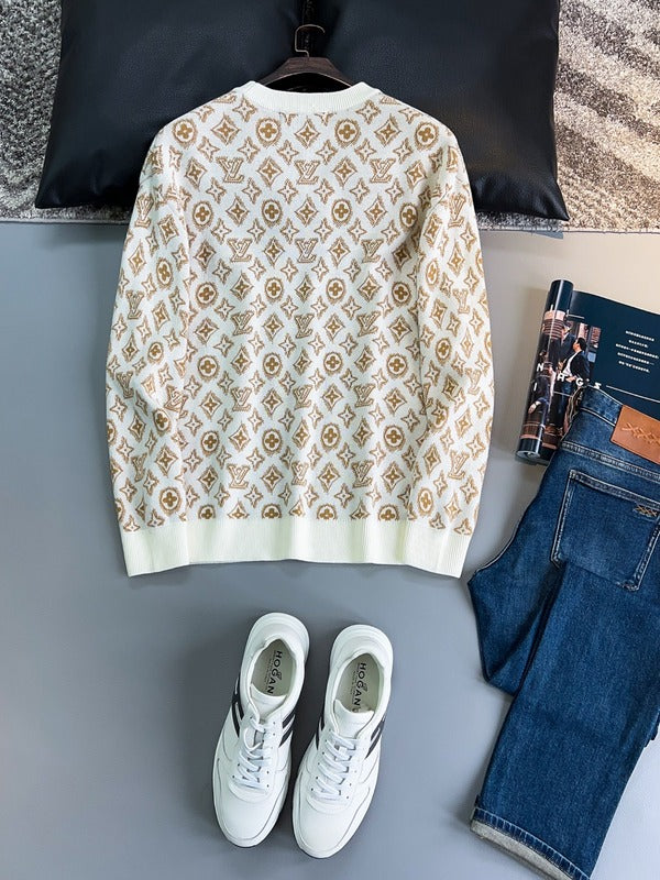 Full styled look of Louis Vuitton luxury clothing with monogram-inspired silhouette