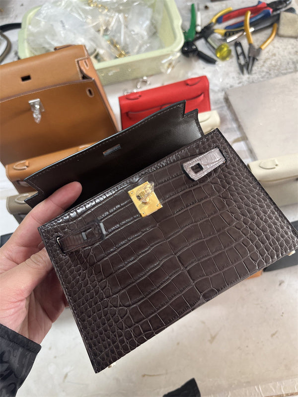 Side view of polished structured handbag