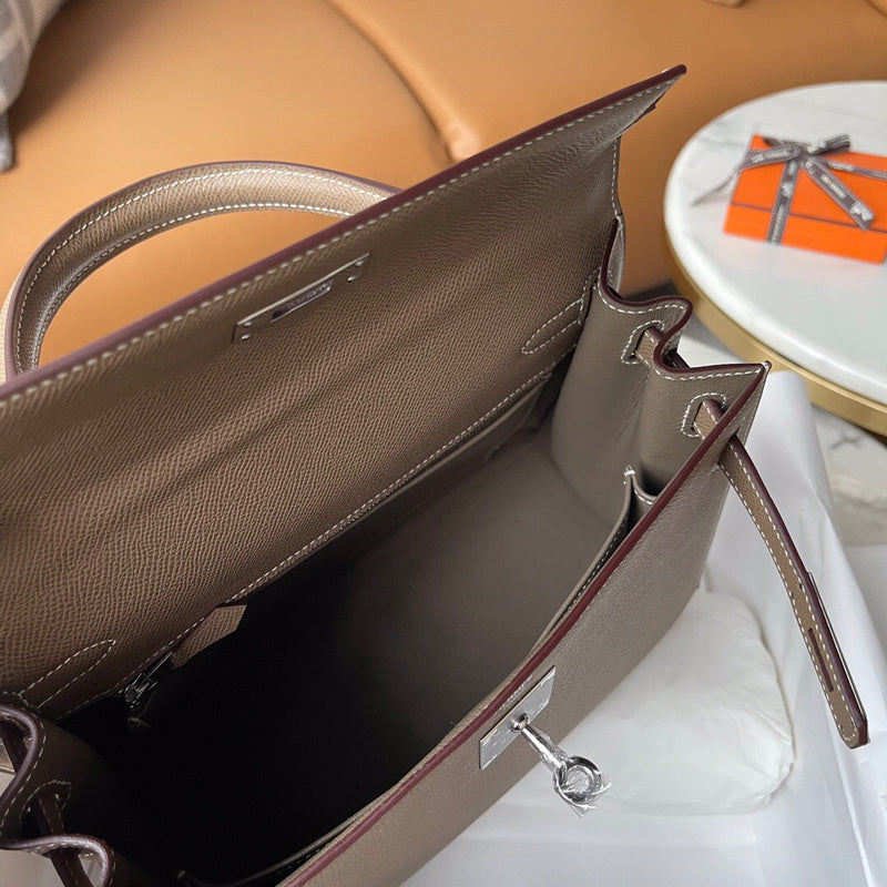 Side view of understated structured handbag