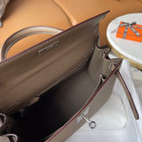 Side view of understated structured handbag