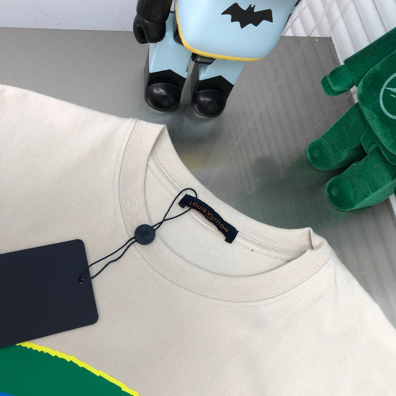 Close-up detail shot of Louis Vuitton cotton t-shirt with logo-detail design