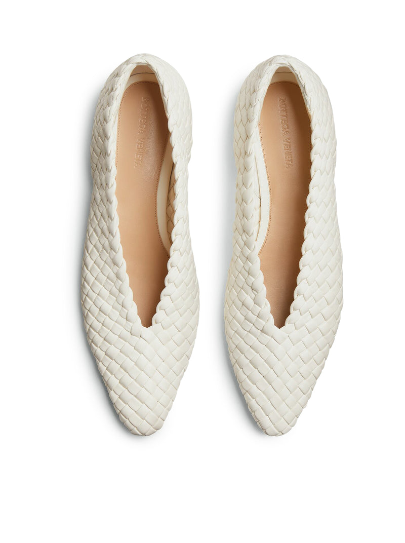 Close-up of Bottega Veneta flats hardware and fine stitching