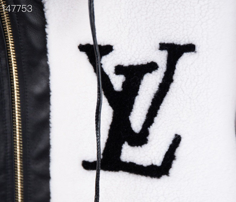 Front view of Louis Vuitton luxury clothing with signature branding