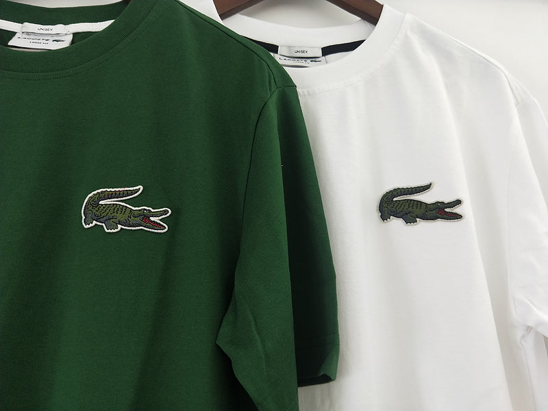 Close-up detail shot of Lacoste luxury clothing with signature branding