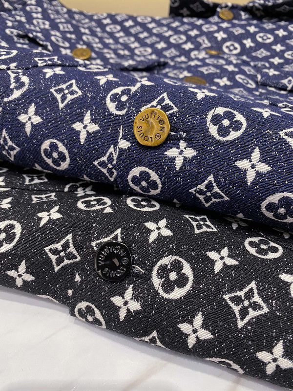 Front view of Louis Vuitton luxury clothing with logo-detail design