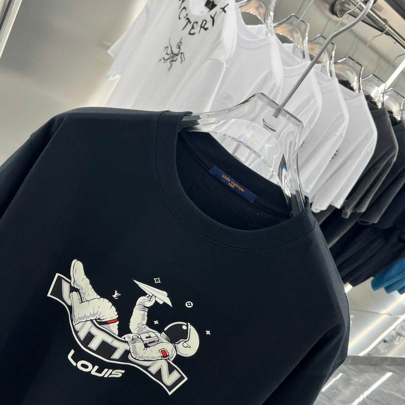 Close-up detail shot of Louis Vuitton cotton t-shirt with monogram-inspired silhouette