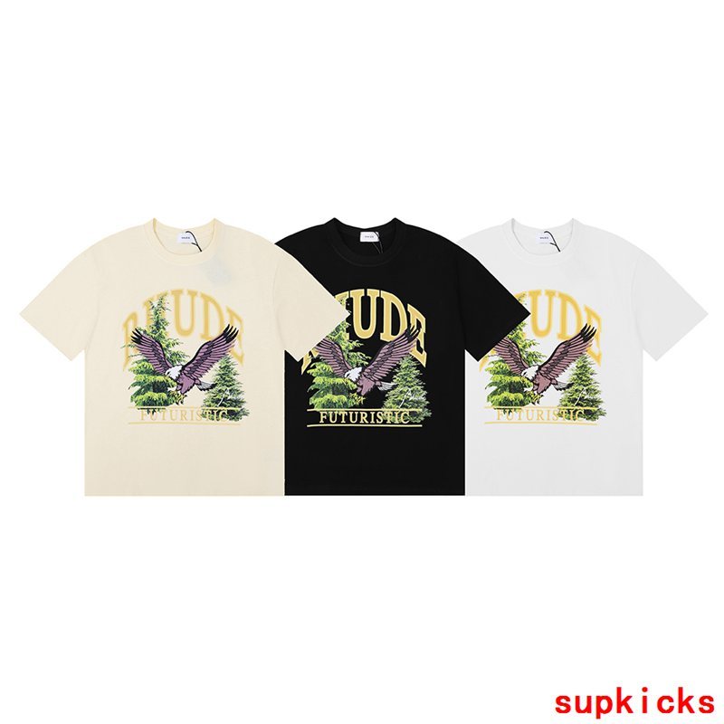 Front view of Rhude luxury clothing with monogram-inspired silhouette