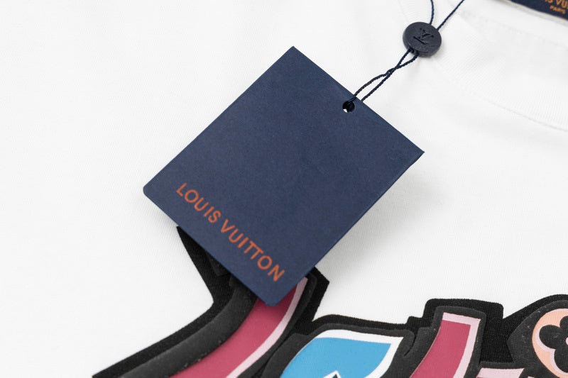 Close-up detail shot of Louis Vuitton cotton t-shirt with logo-detail design