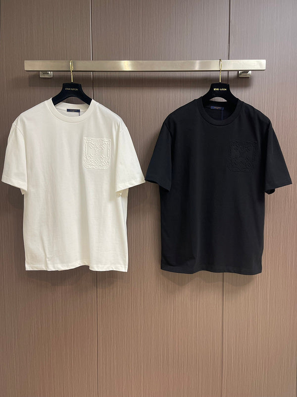 Close-up detail shot of Louis Vuitton cotton t-shirt with logo-detail design
