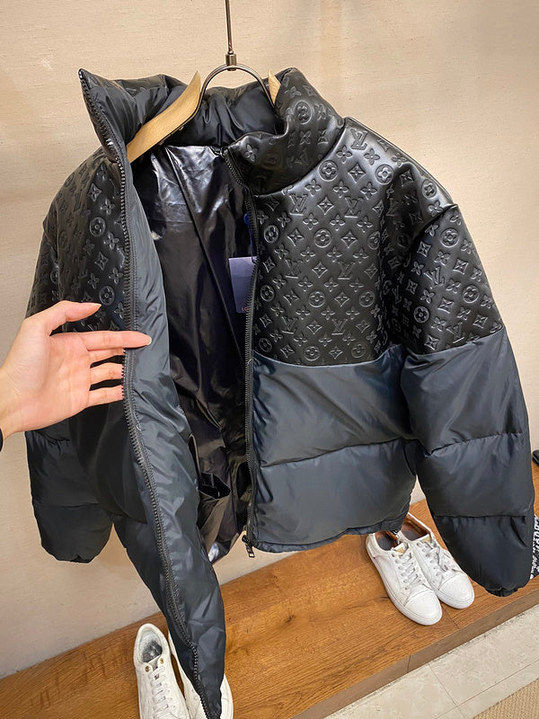 Front view of Louis Vuitton luxury clothing with label-forward styling