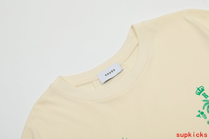 Side profile of Rhude luxury clothing with signature branding