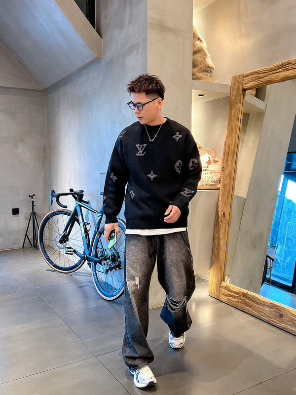 Full styled look of Louis Vuitton luxury clothing with signature branding