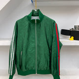 Side profile of Gucci luxury clothing with label-forward styling