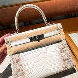 Side view of polished structured handbag