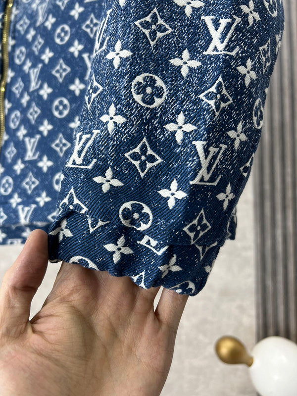 Side profile of Louis Vuitton luxury clothing with label-forward styling