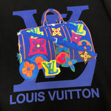 Flat lay presentation of Louis Vuitton luxury clothing with signature branding