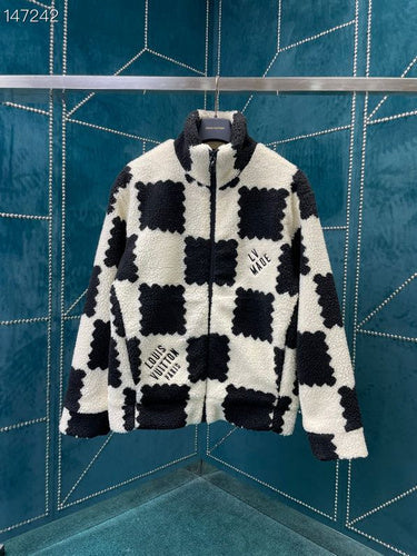 Front view of Louis Vuitton luxury clothing with signature branding
