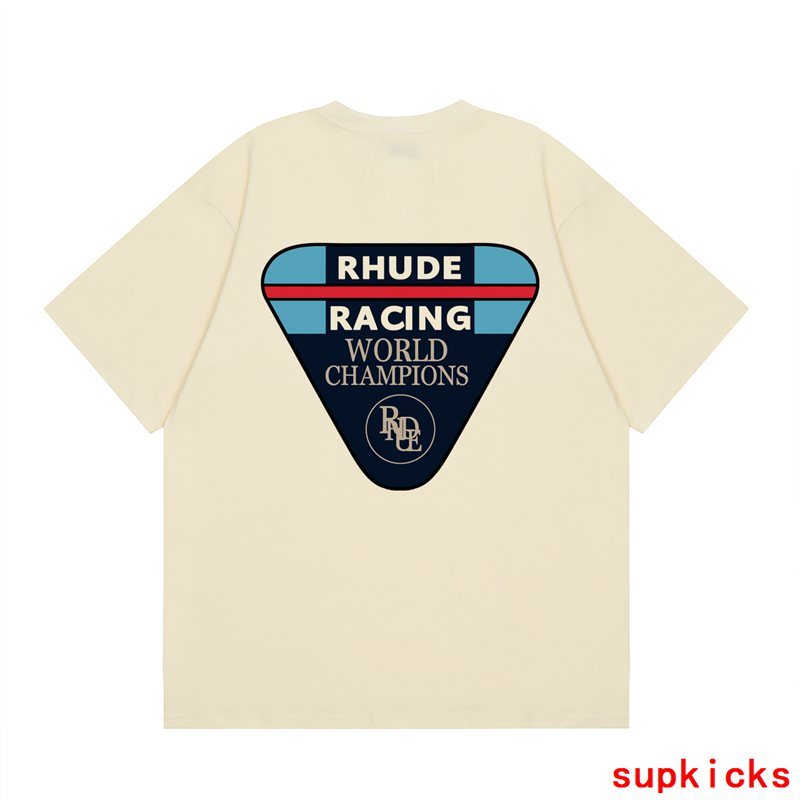 Flat lay presentation of Rhude luxury clothing with signature branding