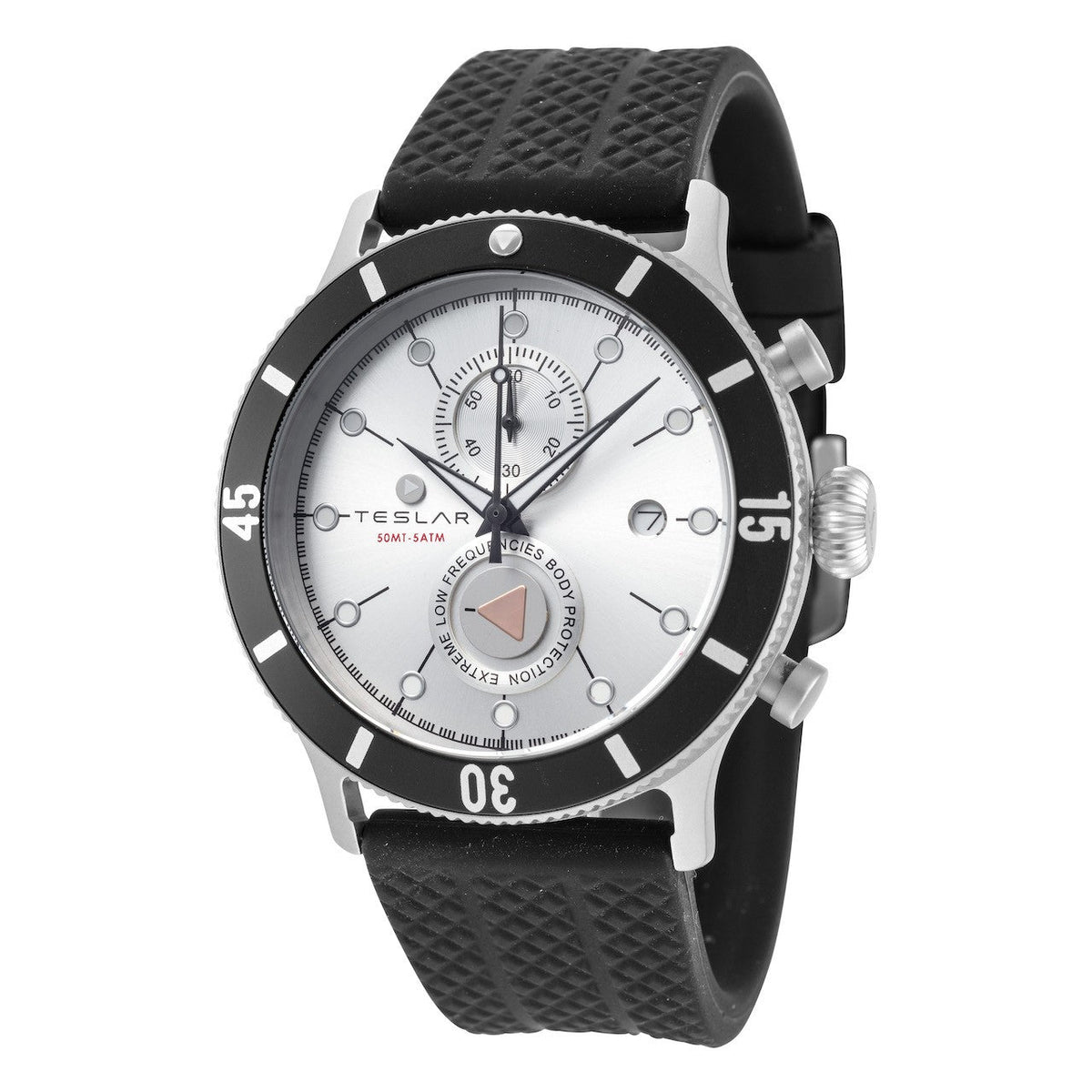 Close-up detail view of Teslar men's watch