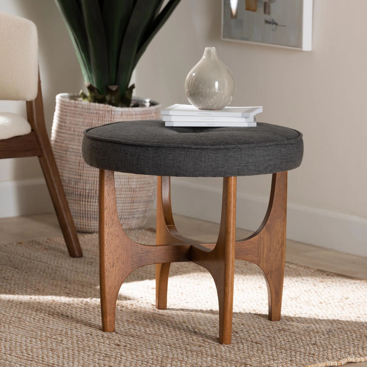 Theo Japandi Greyish Beige Fabric and Walnut Brown Finished Wood Ottoman Footstool