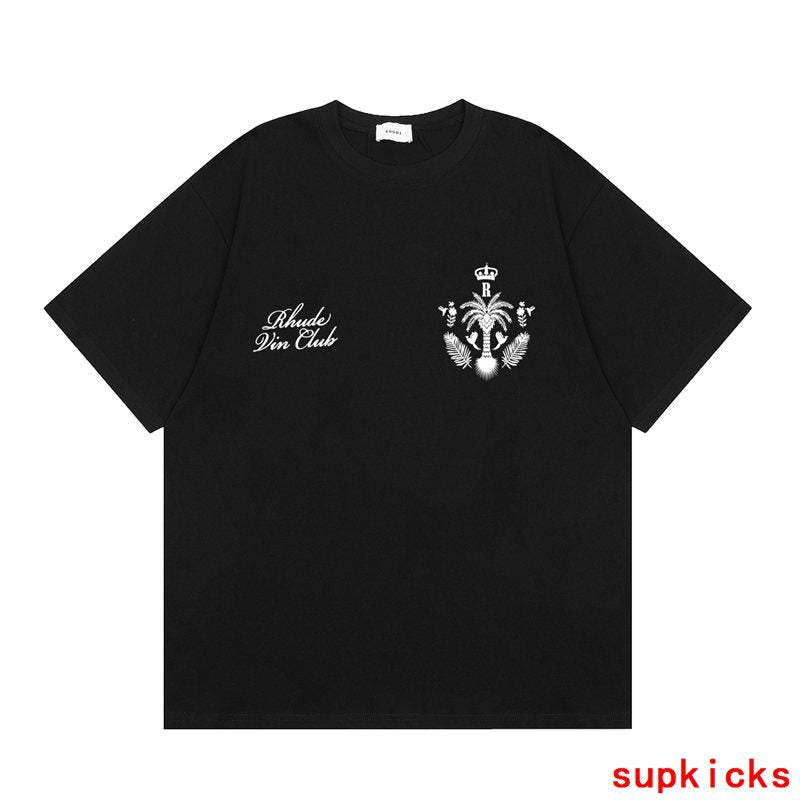 Side profile of Rhude luxury clothing with signature branding