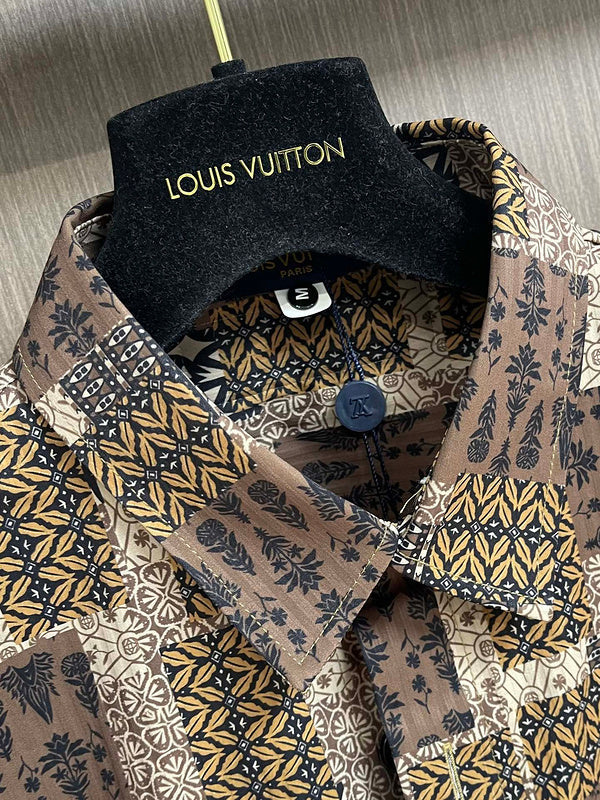 Close-up detail shot of Louis Vuitton luxury clothing with logo-detail design