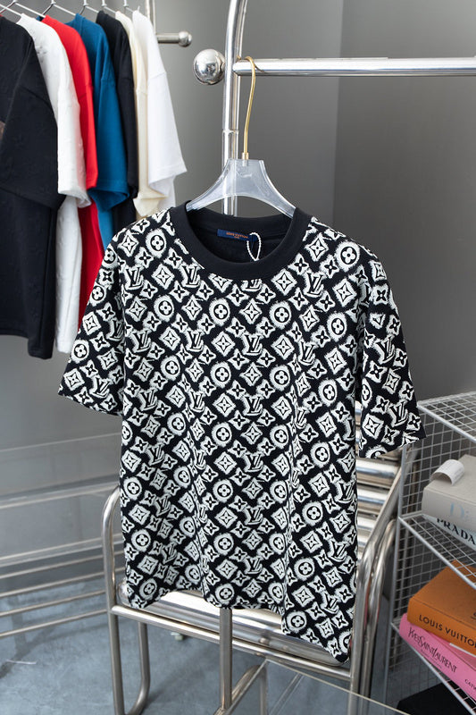 Flat lay presentation of Louis Vuitton cotton t-shirt with monogram-inspired silhouette