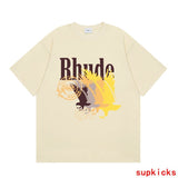Back view of Rhude luxury clothing with signature branding