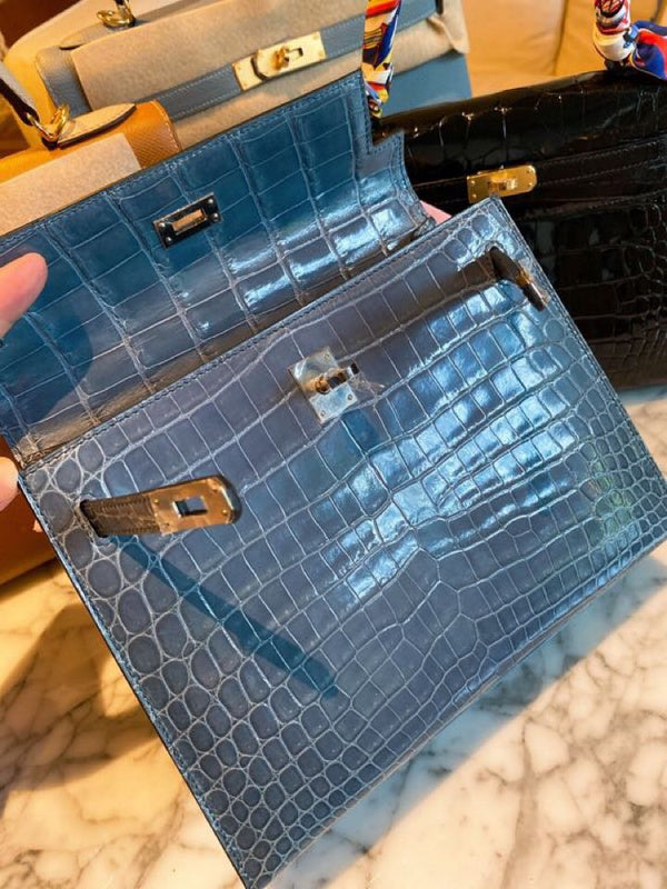 Side view of classic structured handbag