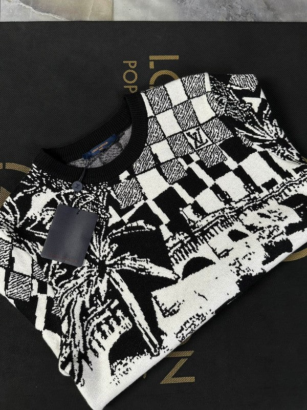 Close-up detail shot of Louis Vuitton luxury clothing with runway-inspired design
