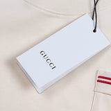 Flat lay presentation of Gucci luxury clothing with signature branding