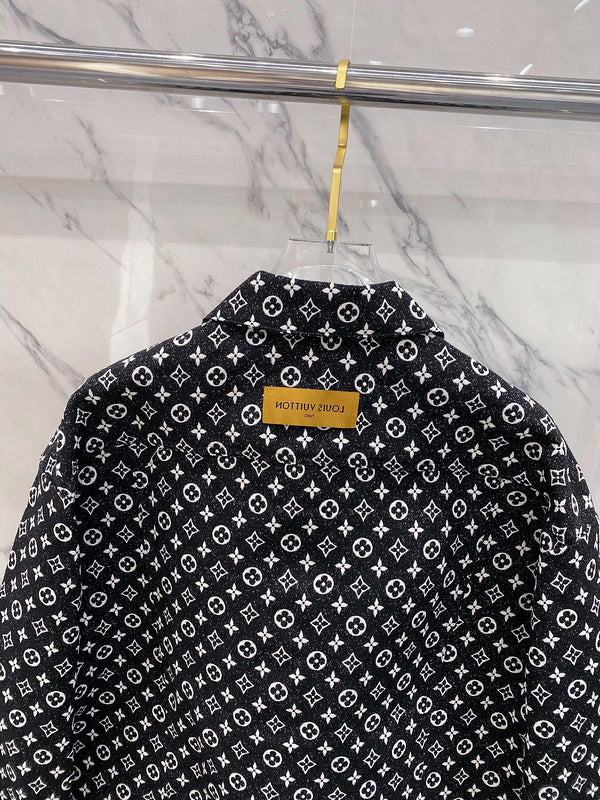 Front view of Louis Vuitton luxury clothing with label-forward styling