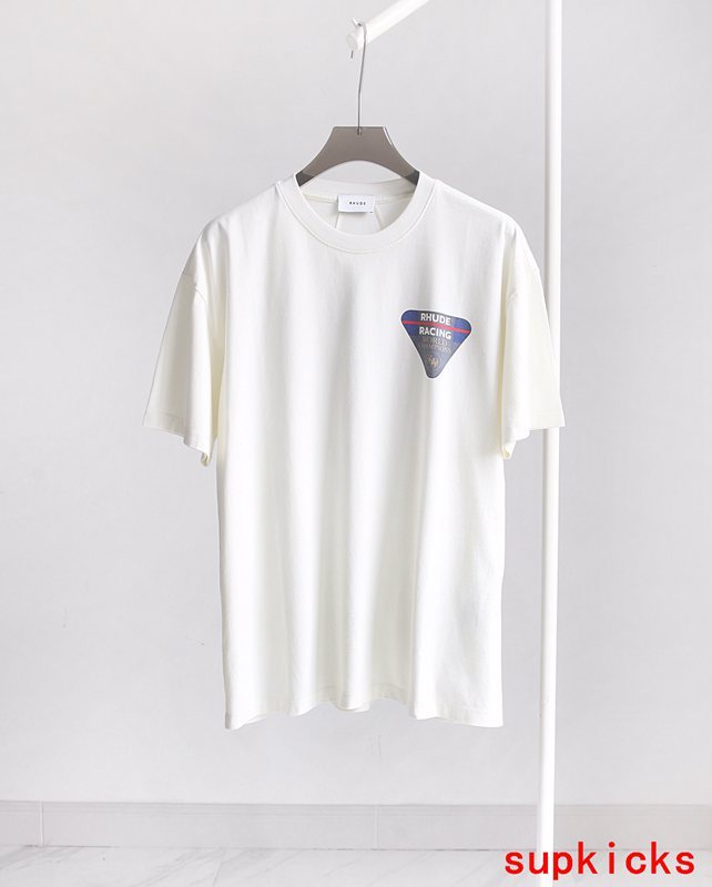 Front view of Rhude luxury clothing with monogram-inspired silhouette