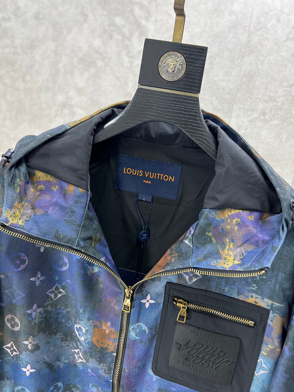 Close-up detail shot of Louis Vuitton luxury clothing with runway-inspired design