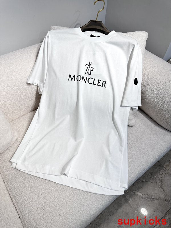 Front view of Moncler luxury clothing with monogram-inspired silhouette