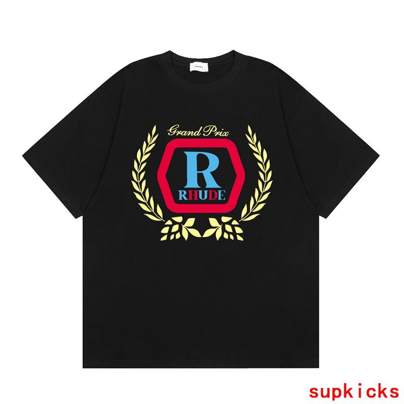 Side profile of Rhude luxury clothing with signature branding