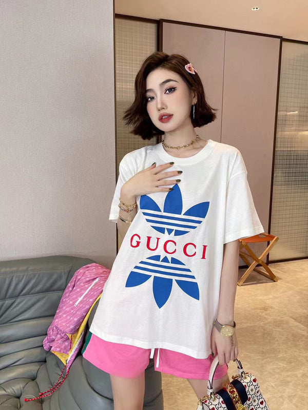 Side profile of Gucci luxury clothing with signature branding