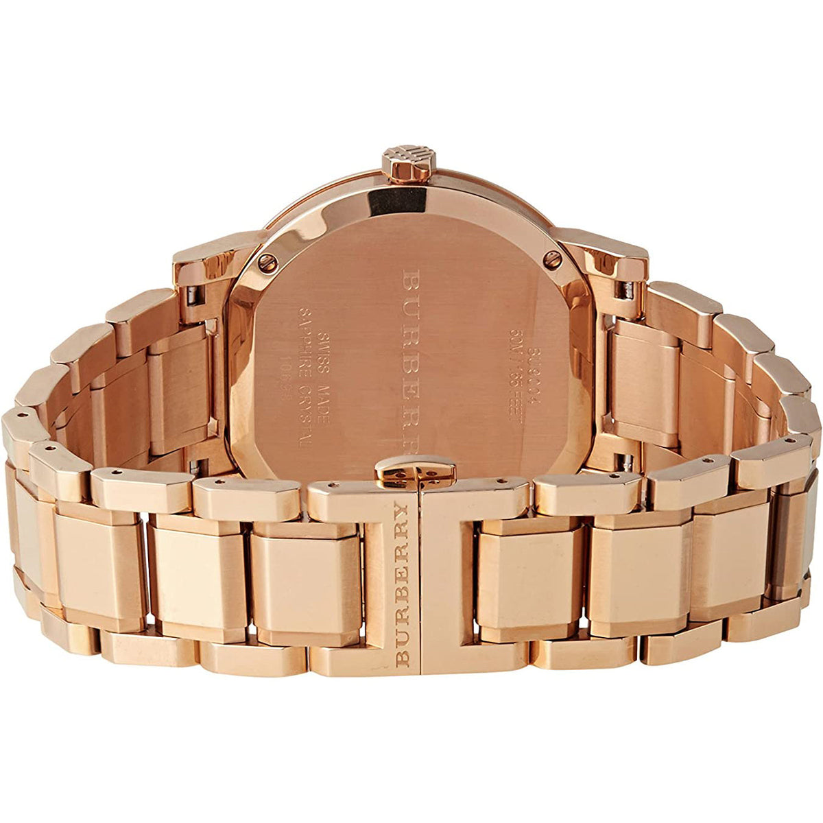 Angled view of Burberry women's rose gold watch
