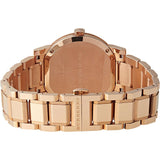 Angled view of Burberry women's rose gold watch