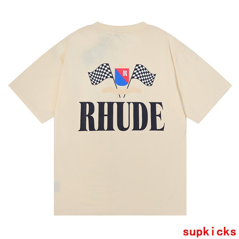Flat lay presentation of Rhude luxury clothing with everyday silhouette