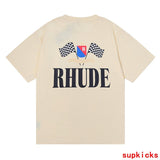 Flat lay presentation of Rhude luxury clothing with everyday silhouette
