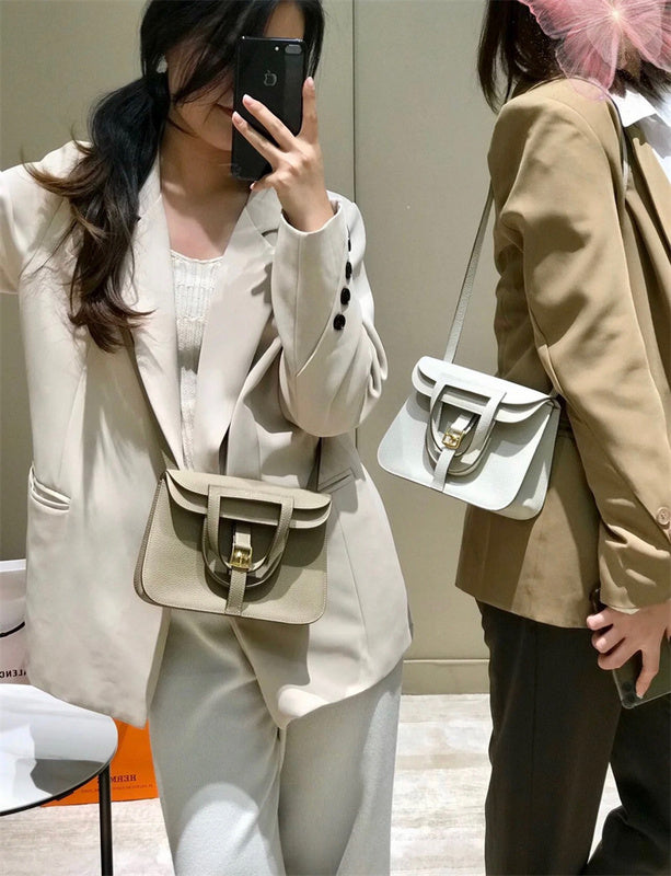 Side view of understated structured handbag