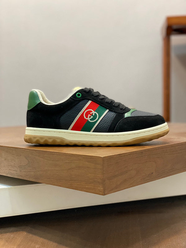 Side profile of Gucci neutral cream sneakers breathable knit upper