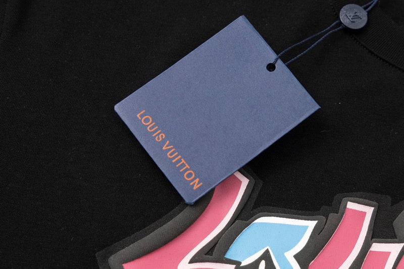 Close-up detail shot of Louis Vuitton cotton t-shirt with logo-detail design
