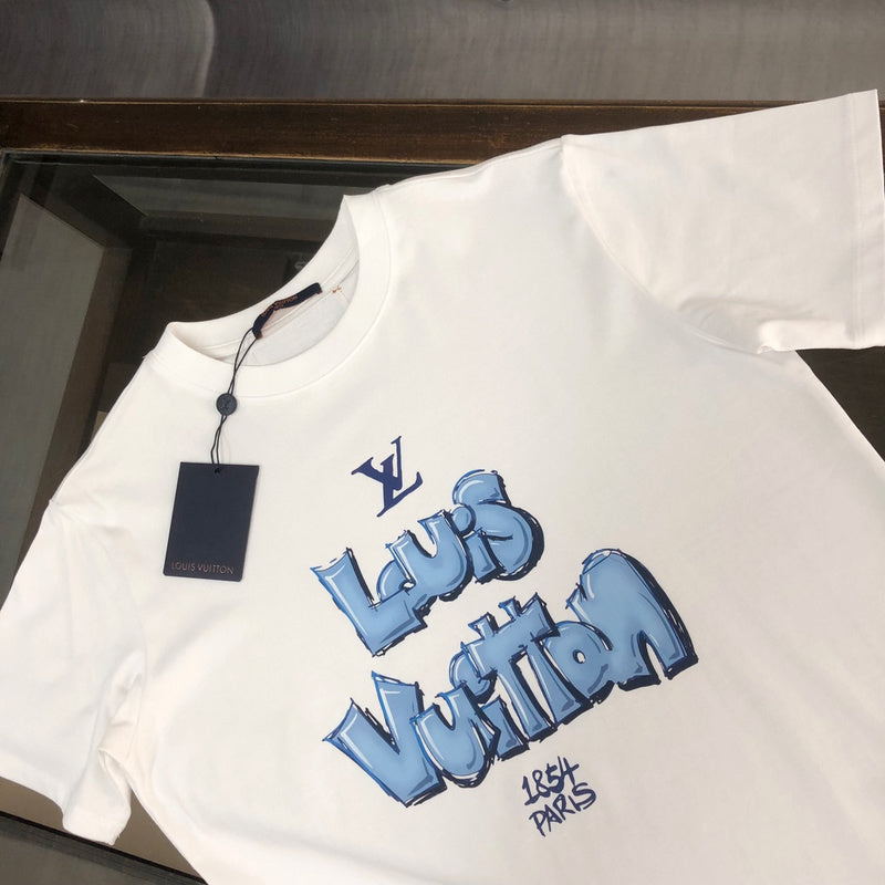 Close-up detail shot of Louis Vuitton cotton t-shirt with label-forward styling