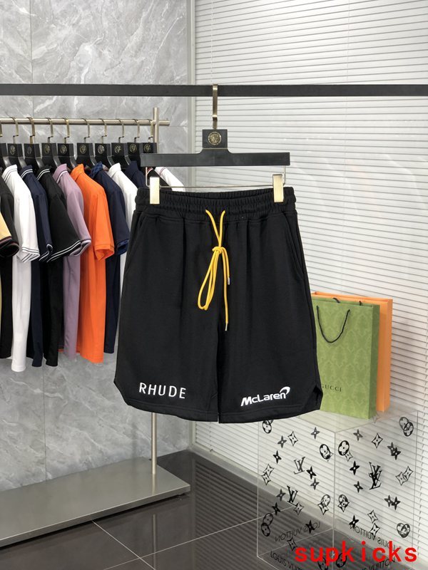 Front view of Rhude luxury clothing with label-forward styling