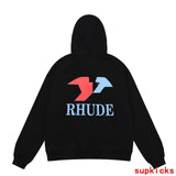 Close-up detail shot of Rhude luxury clothing with runway-inspired design
