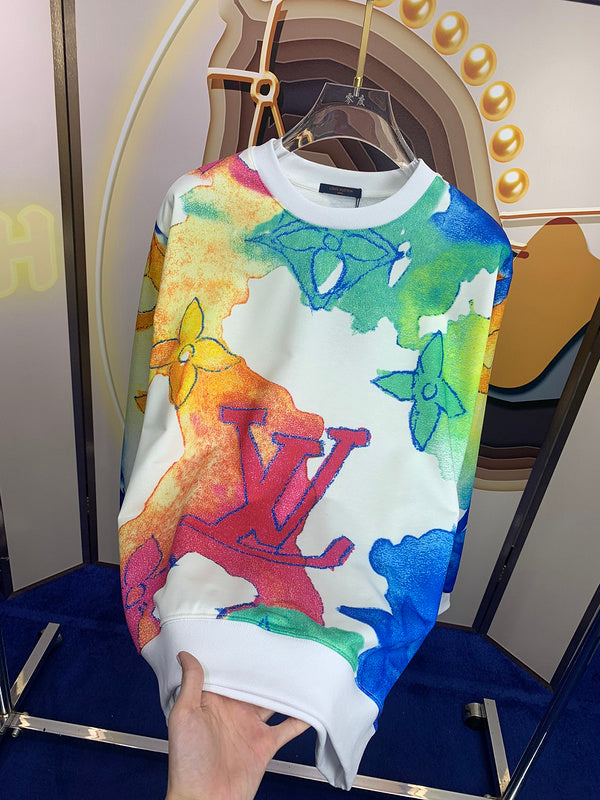 Close-up detail shot of Louis Vuitton luxury clothing with signature branding